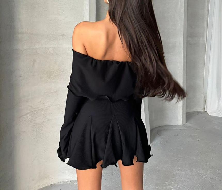 Long-Sleeve Off-Shoulder Plain Ruffle Trim Mini A-Line Dress Product Image