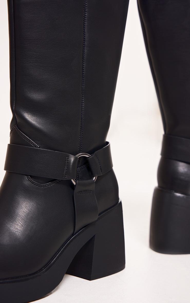 Black Faux Leather Square Toe Buckle Chunky Heeled Thigh High Boots Product Image