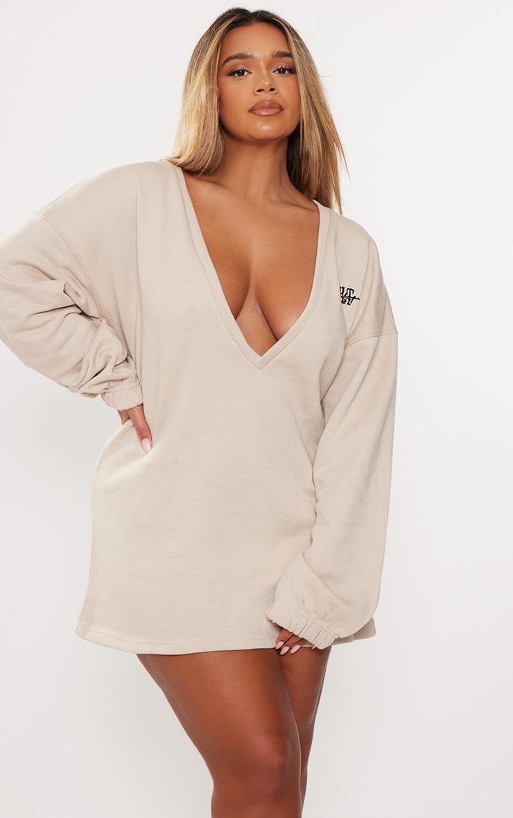 PRETTYLITTLETHING Shape Stone Embroidered Plunge Sweatshirt Dress Product Image