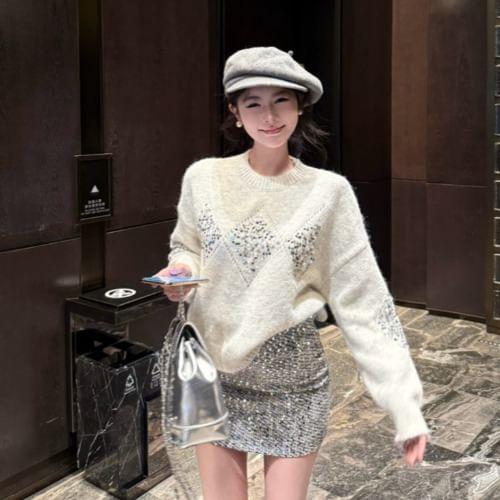 Crew Neck Plain Sequin Sweater / High Rise Plain Mini Pencil Skirt Product Image