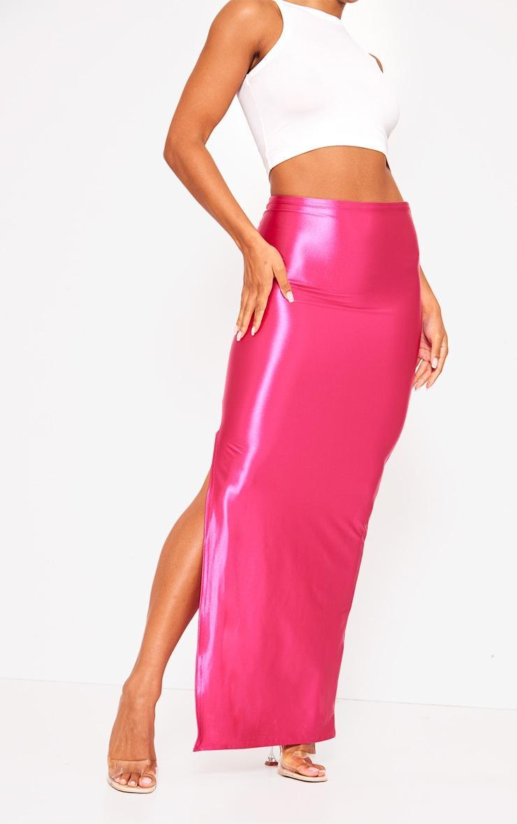 Hot Pink Stretch Satin Split Side Maxi Skirt Product Image