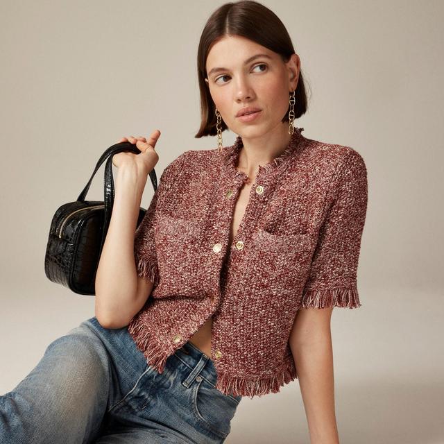 Cropped fringe-trim lady jacket in marled yarn Product Image