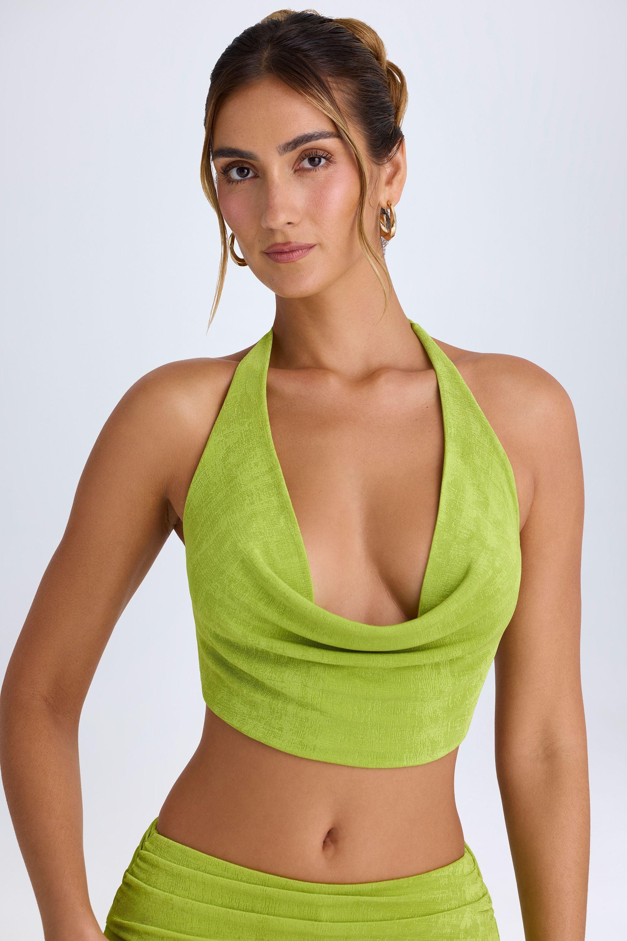 Cowl-Front Halterneck Crop Top in Pear Green Product Image