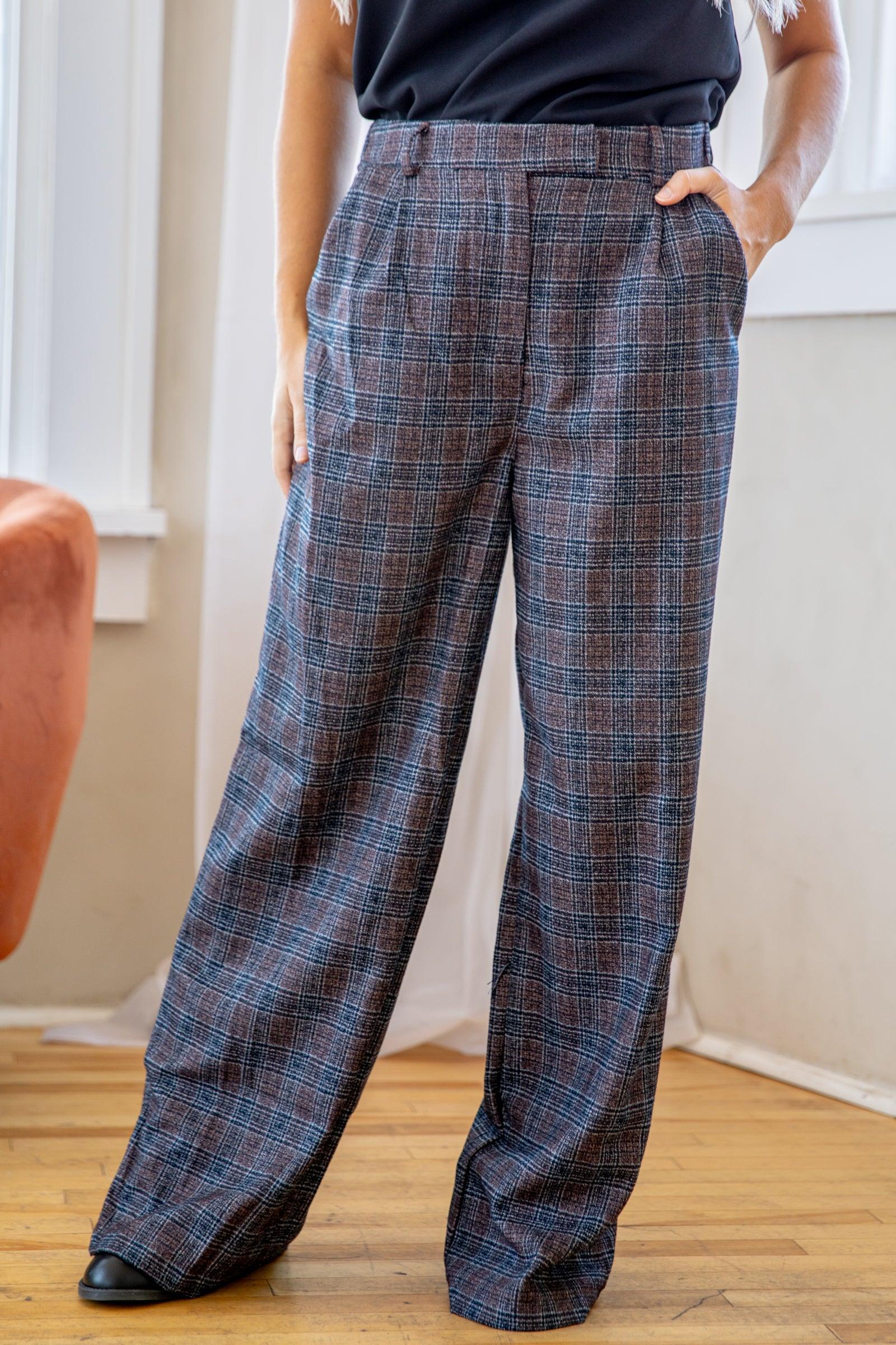 Brown and Navy Plaid Wide Leg Trousers Product Image