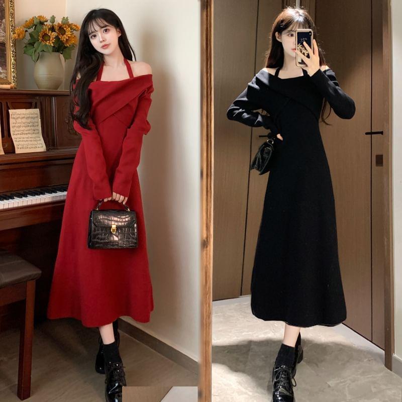 Long-Sleeve Halter Neck Off-Shoulder Plain Midi A-Line Knit Dress Product Image