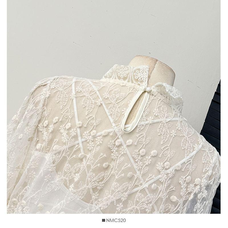 Stand-Collar Embroidery Sheer Lace Top Product Image