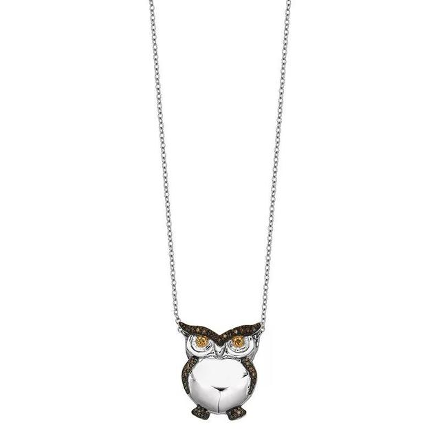 Rhodium-Plated Sterling Silver 1/8 Carat T.W. Diamond Owl Pendant Necklace, Womens Product Image