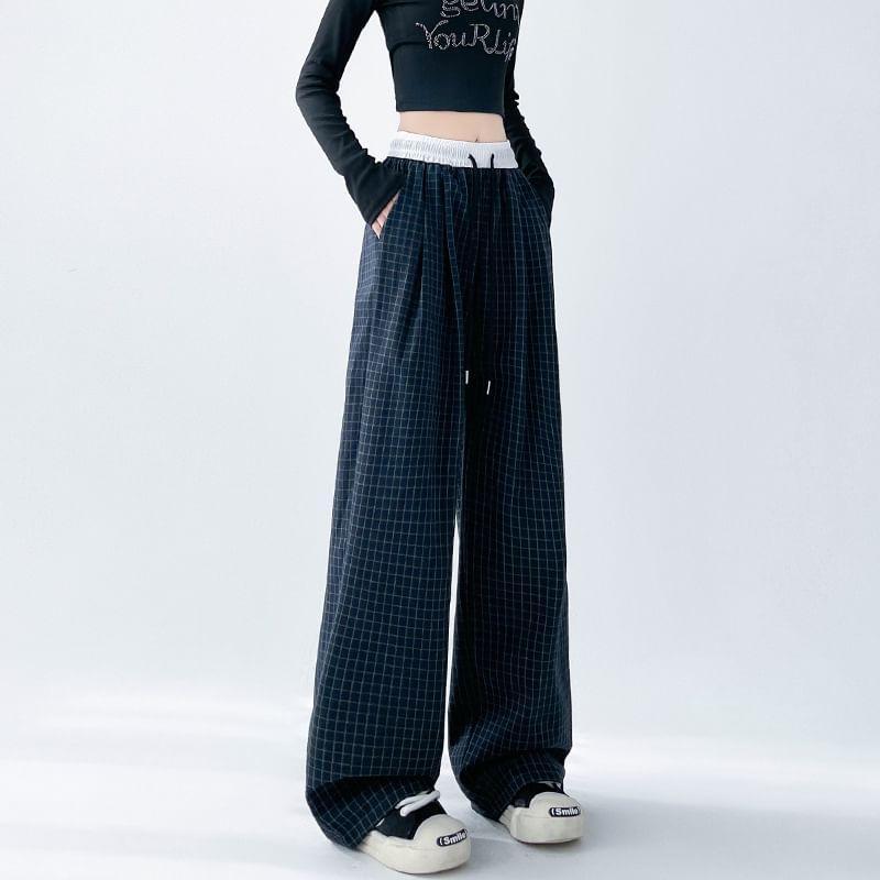 Drawstring Waist Plaid Wide Leg Pants (Various Designs) Product Image