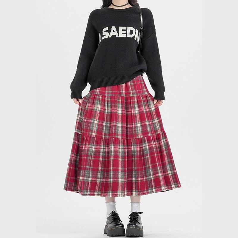 High Rise Plaid Midi A-Line Skirt Product Image