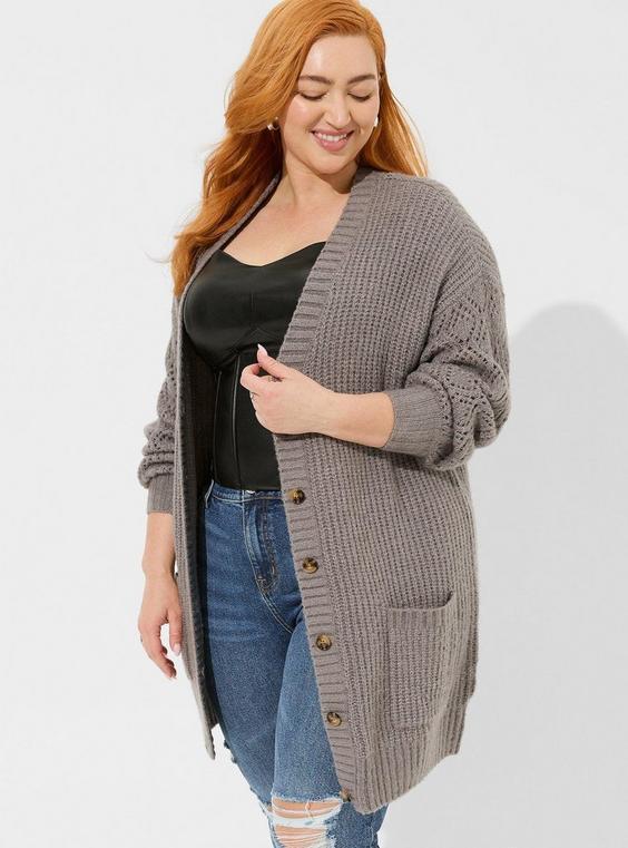 Boyfriend Cardigan Pointelle Sleeve Sweater Product Image