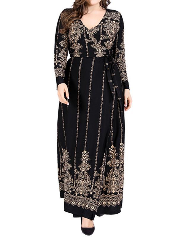 Long Sleeves Floral Printed Split-Joint V-Neck Maxi Dresses Plus Dresses Product Image