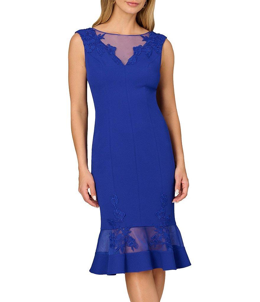 Aidan Mattox Stretch V-Neck Cap Sleeve Flounce Floral Mesh Insert Sheath Dress Product Image