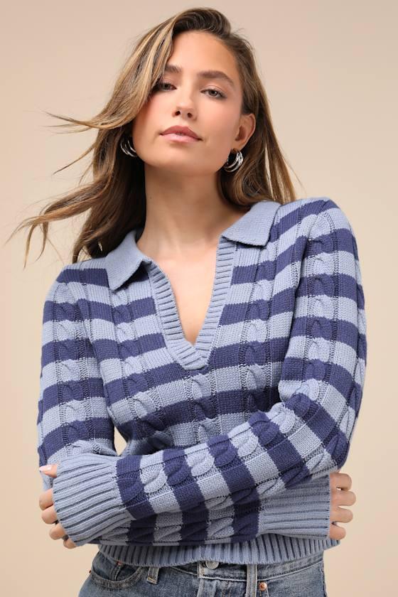 Cute Excellence Blue Striped Cable Knit Sweater Product Image