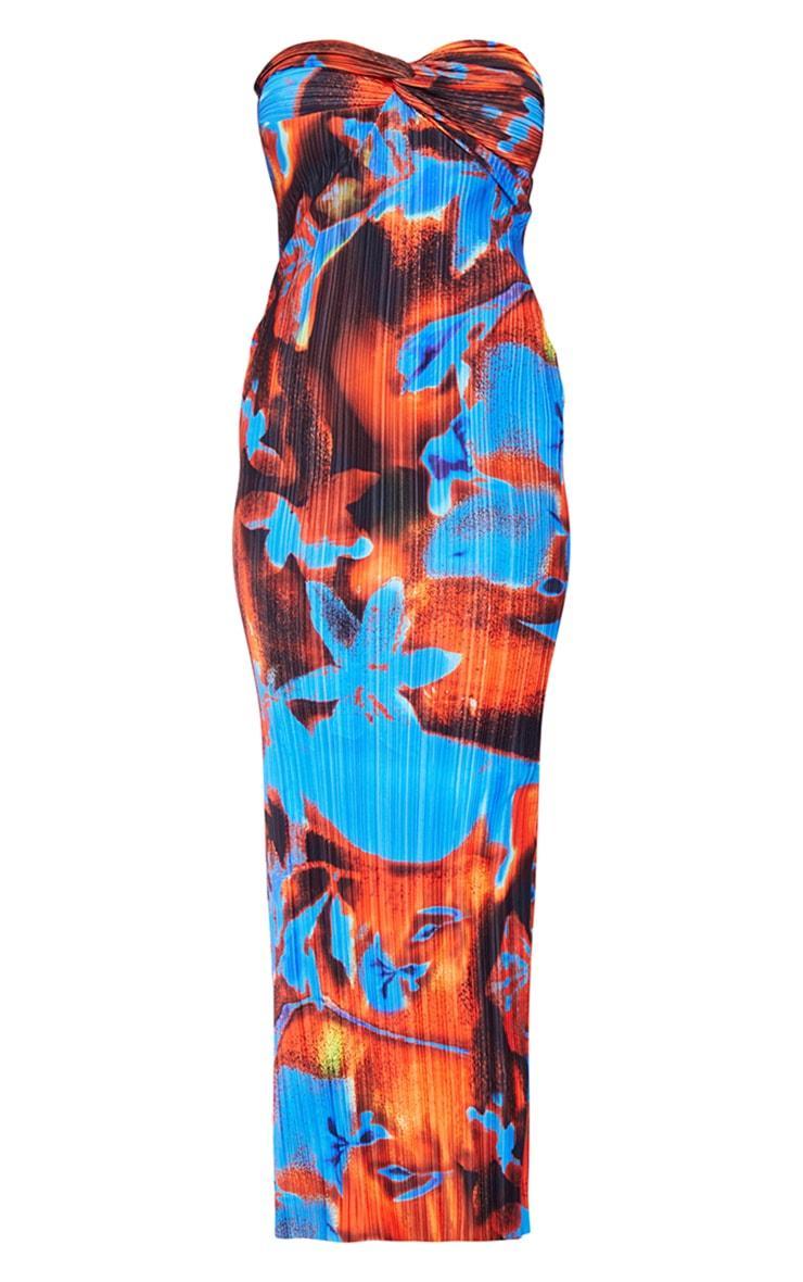 Blue Abstract Print Plisse Knot Bandeau Maxi Dress Product Image