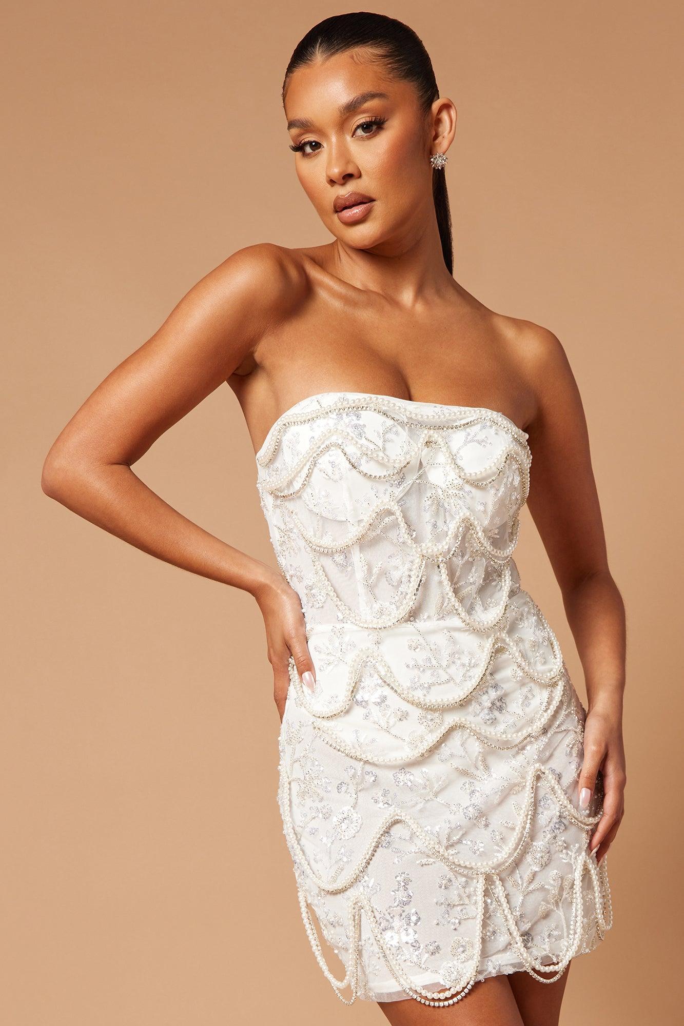 Lana Embellished Pearl Mini Dress - White Product Image