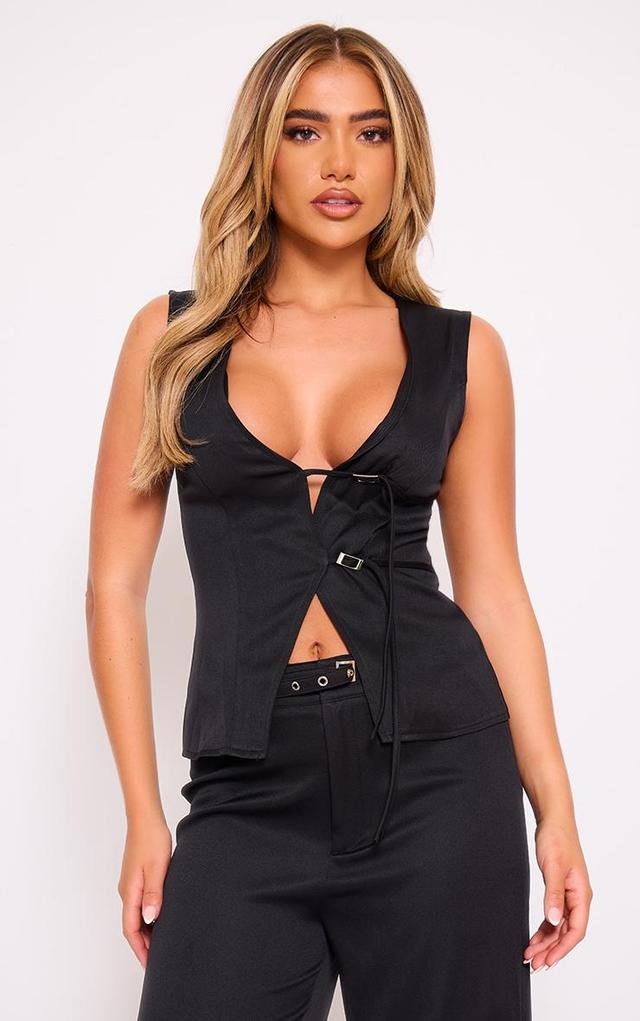 Black Woven Tailored Belt Detail Vest Product Image