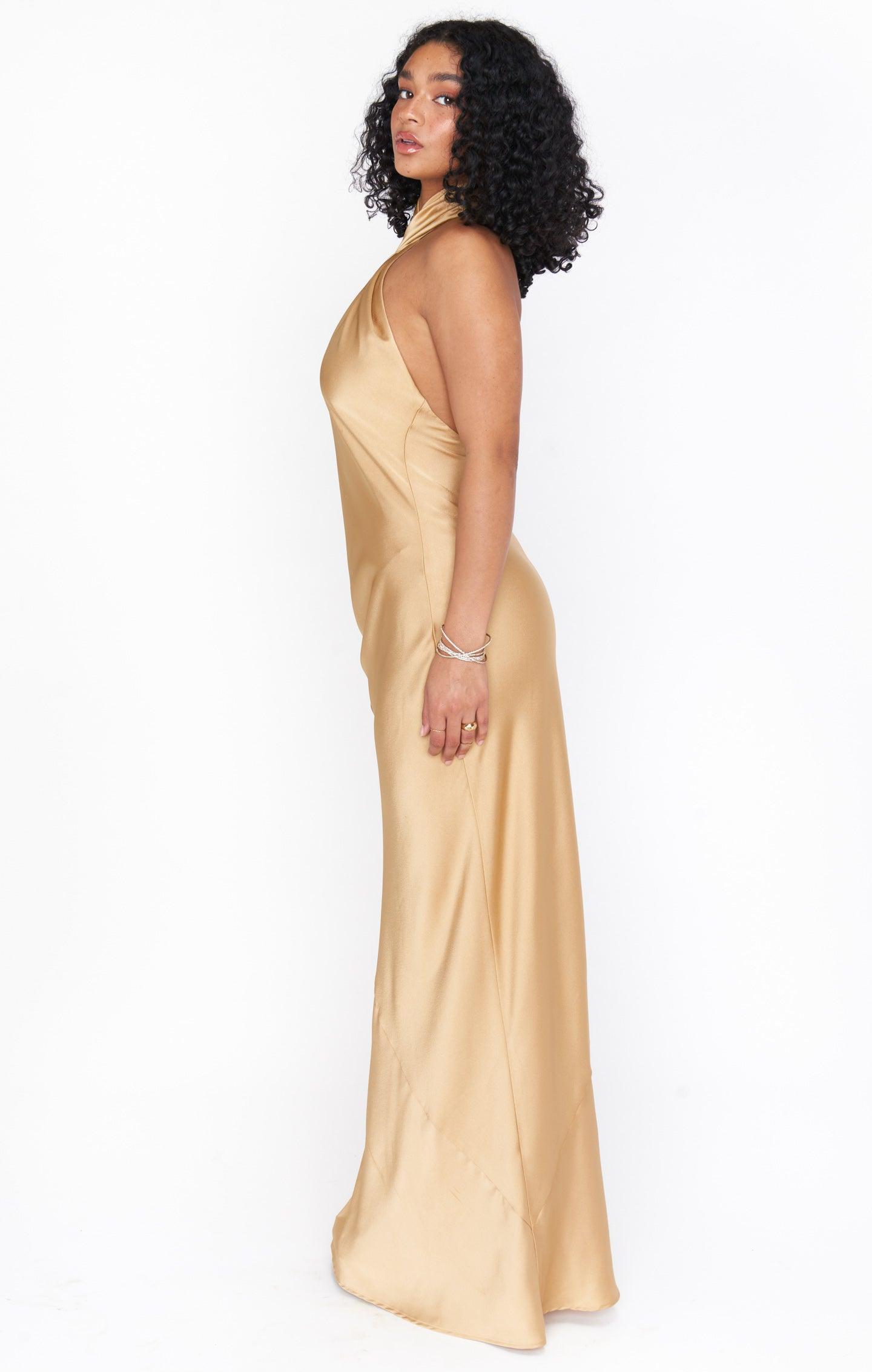 Jasmine Halter Maxi Dress ~ True Gold Luxe Satin Product Image