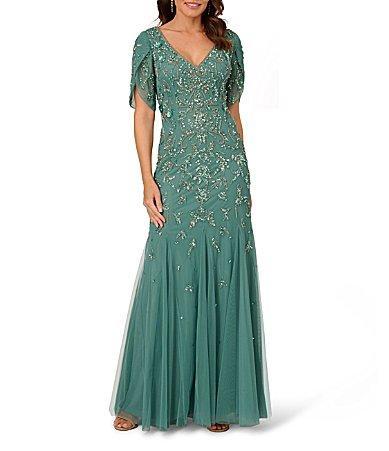 Adrianna Papell Beaded V-Neck 34 Petal Sleeve Mermaid Gown Product Image