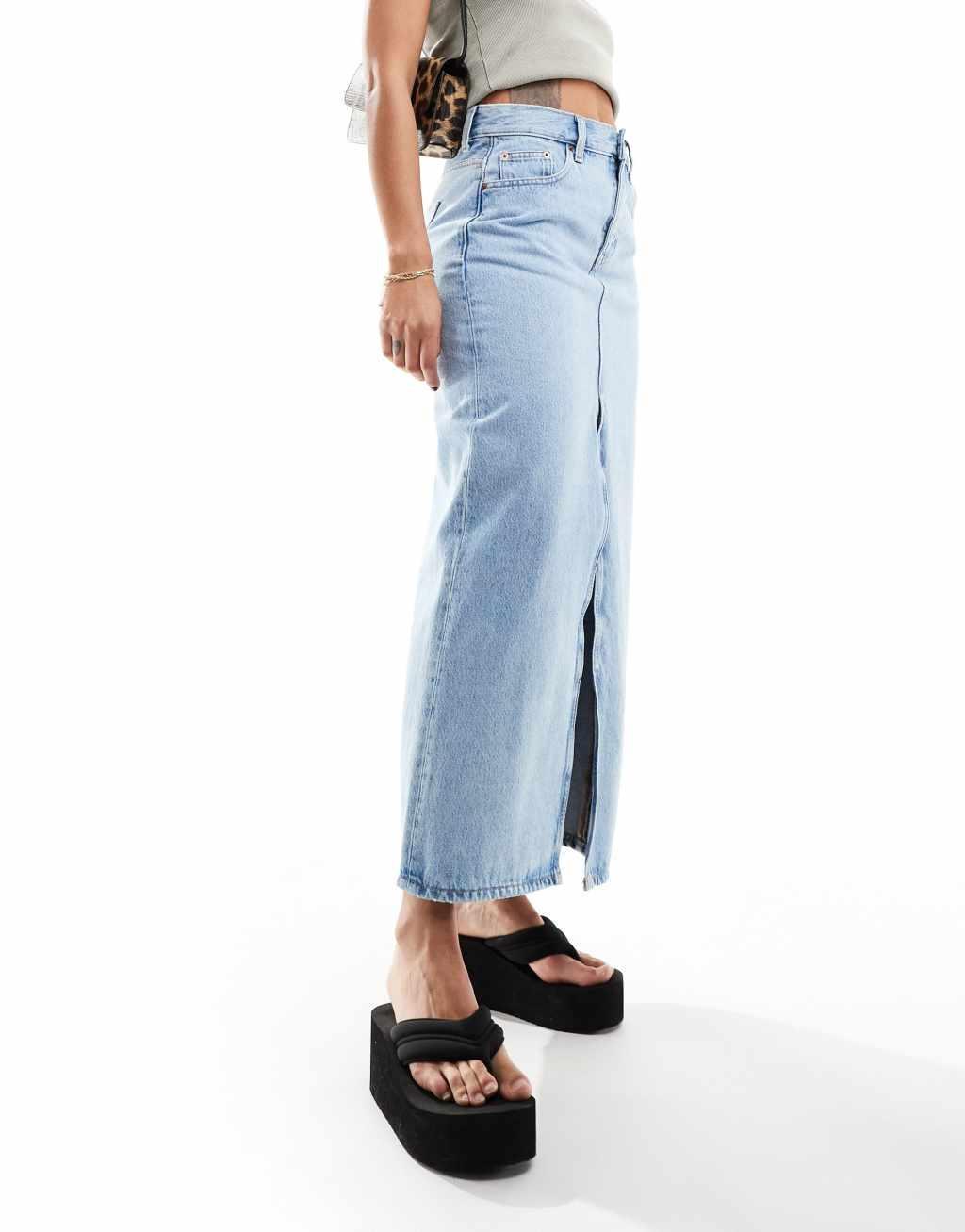 Dr Denim Myra maxi denim skirt with front slit in stream light blue retro wash Product Image