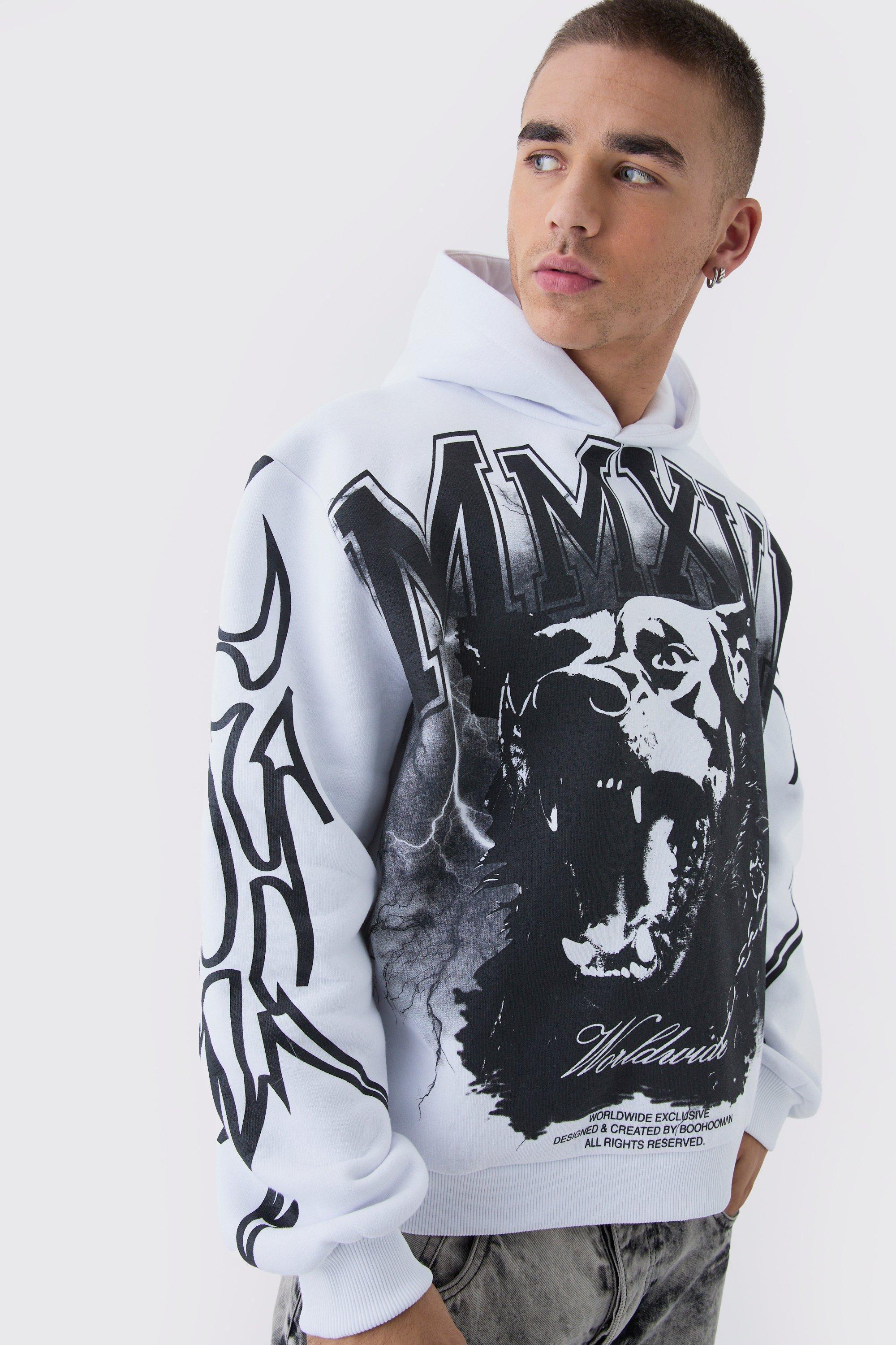 Oversized Over Seams Rottweiler Lightning Graphic Hoodie | boohooMAN USA Product Image