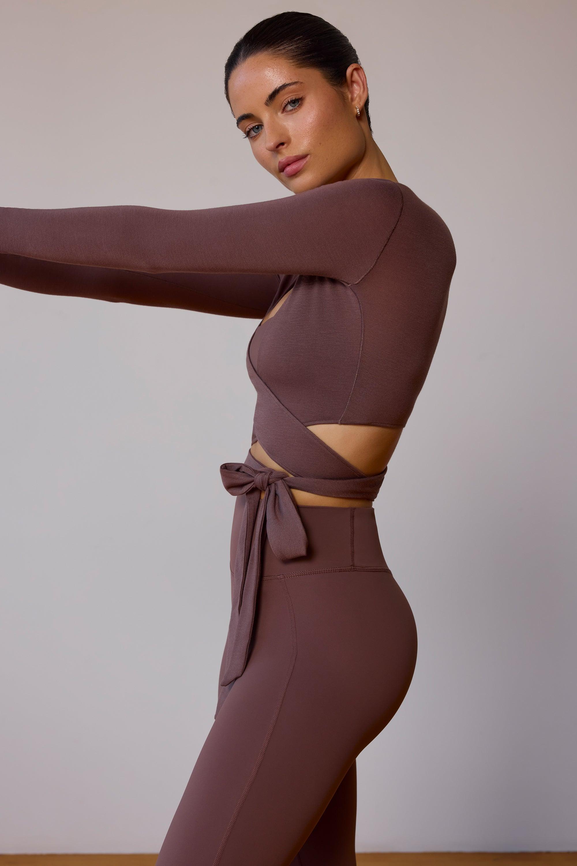 Long-Sleeve Wrap Crop Top in Taupe Brown Product Image