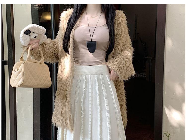 High Waist Plain Fringed Midi A-Line Knit Skirt Product Image