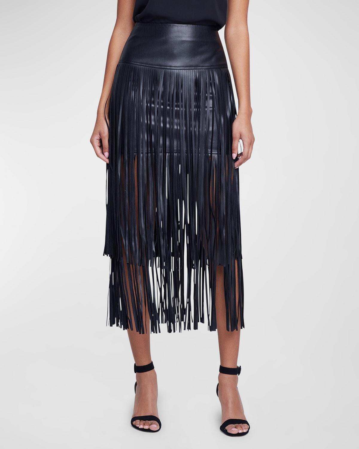 Womens Karolina Fringe Vegan Leather Skirt Product Image