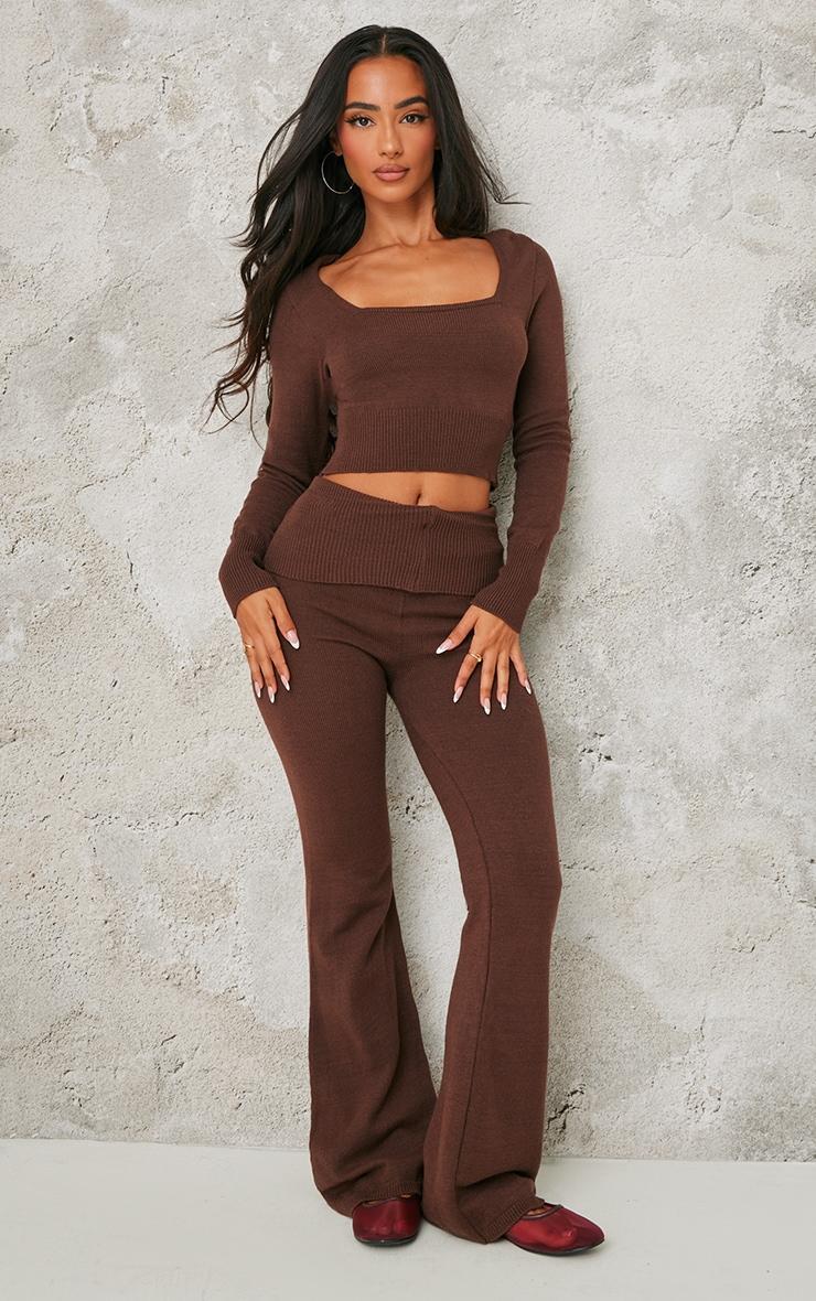 Petite Chocolate Knitted Long Sleeve Scoop Neck Crop Top Product Image