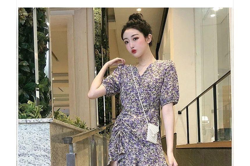 Puff Sleeve V-Neck Floral Drawstring Ruched Asymmetric Mini Dress Product Image