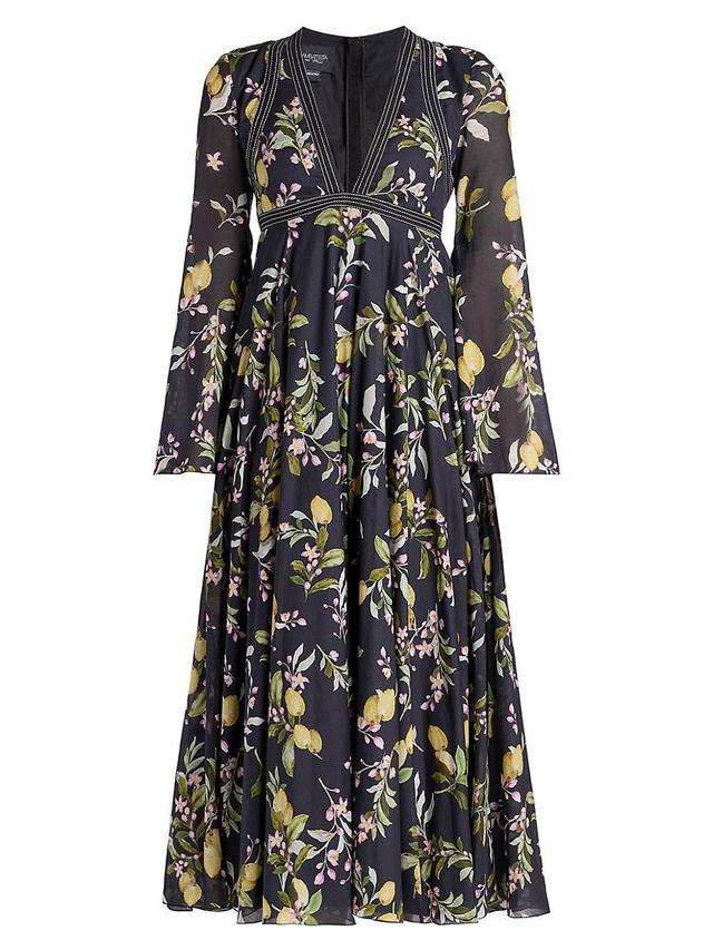 Giambattista Valli Lemon Print Long Sleeve Plunge Neck Midi Dress Product Image