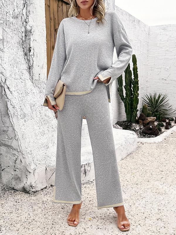 Long Sleeves Contrast Color Split-Joint Split-Side Round-Neck High-Low Sweater Tops +  Pants Bottom Two Pieces Set Product Image