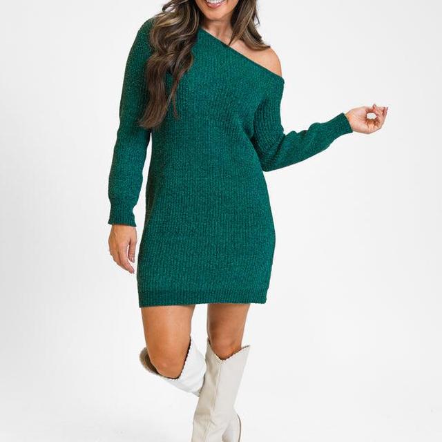 Holiday Spirit Green Chenille Off The Shoulder Sweater Dress Product Image