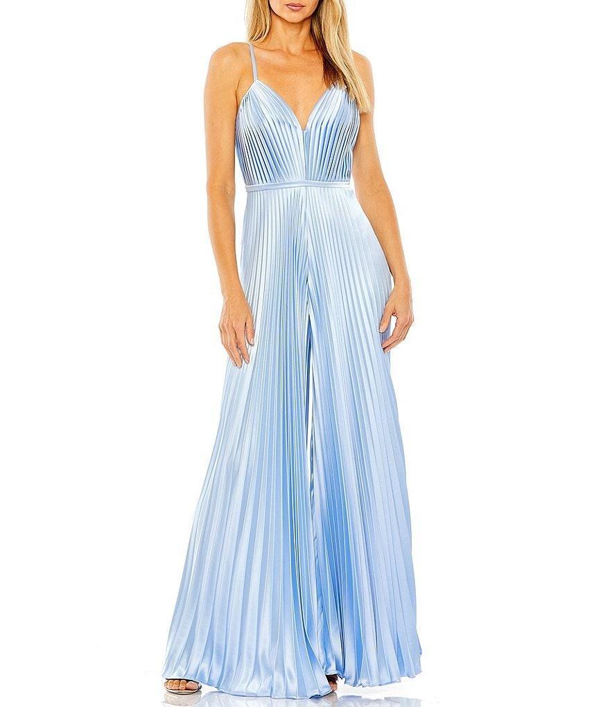 Mac Duggal Pleated Deep V-Neck Spaghetti Strap Sleeveless Wide Leg Jumpsuit Product Image