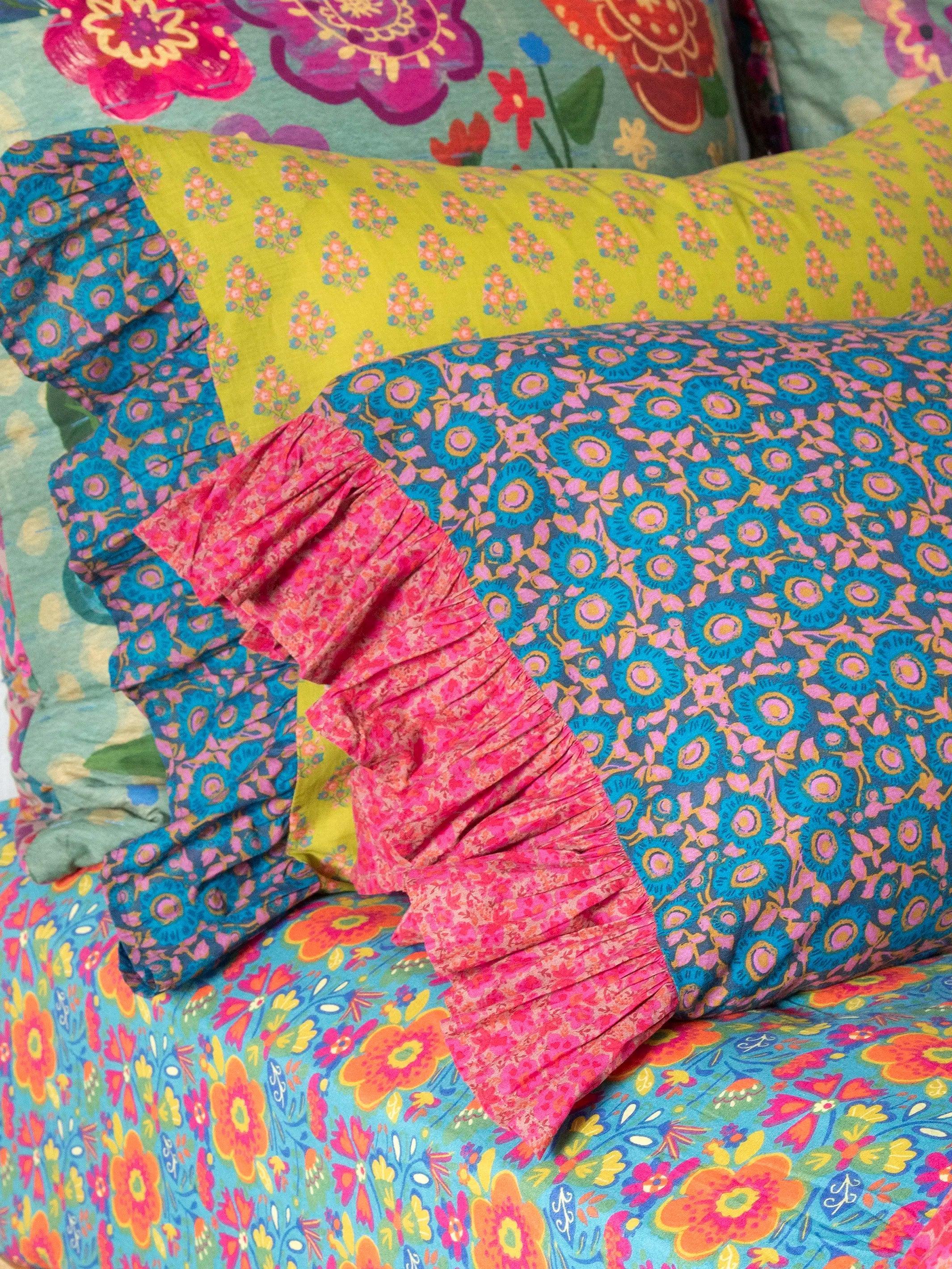 Mix & Match Soft Cotton Pillowcase, Single - Teal Dahlia Pink Marlow Ruffle Product Image