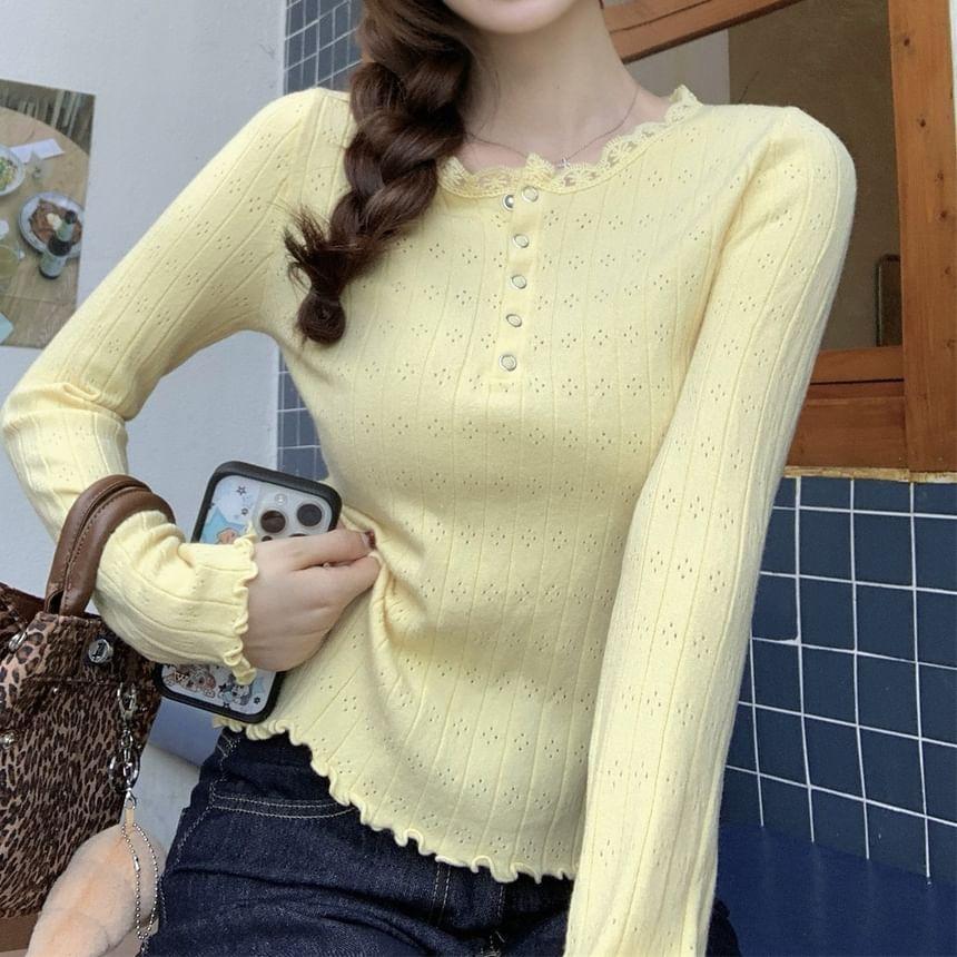 Long Sleeve Round Neck Plain Ruffle Trim Henley  Tee Product Image