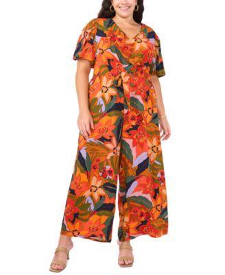 Plus Size V-Neck Tie-Front Puff-Sleeve Jumpsuit Product Image