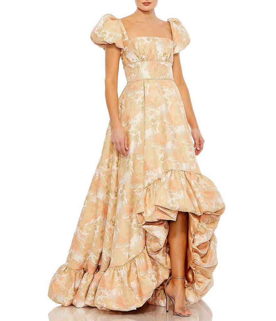 Mac Duggal Floral Print Square Neck Short Puffed Sleeve High-low Brocade Ball Gown Product Image