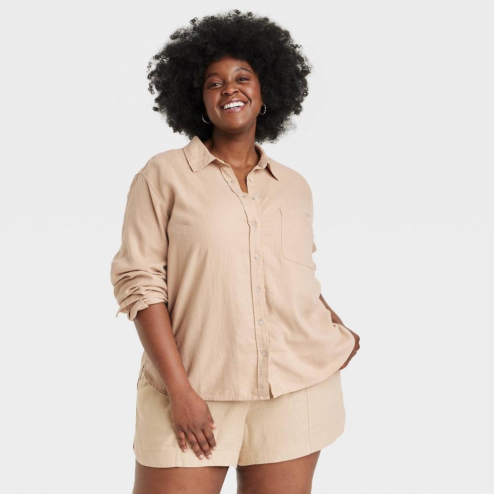 Womens Linen Long Sleeve Collared Button-Down Shirt - Universal Thread Tan 4X Product Image