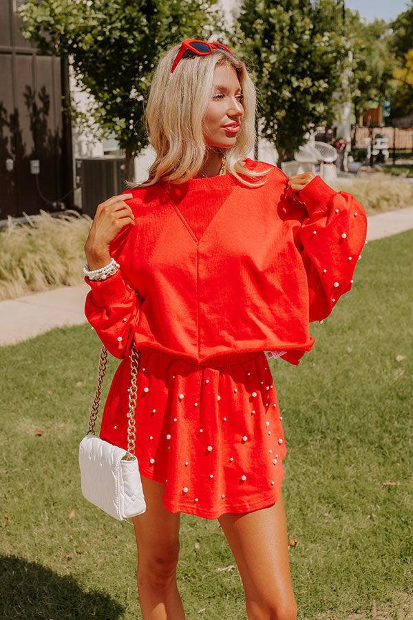 Sideline Chic Pearl Embellished Crop Sweatshirt in Red Product Image