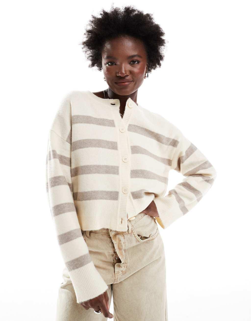 ASOS DESIGN crew neck cardigan in neutral stripe Product Image