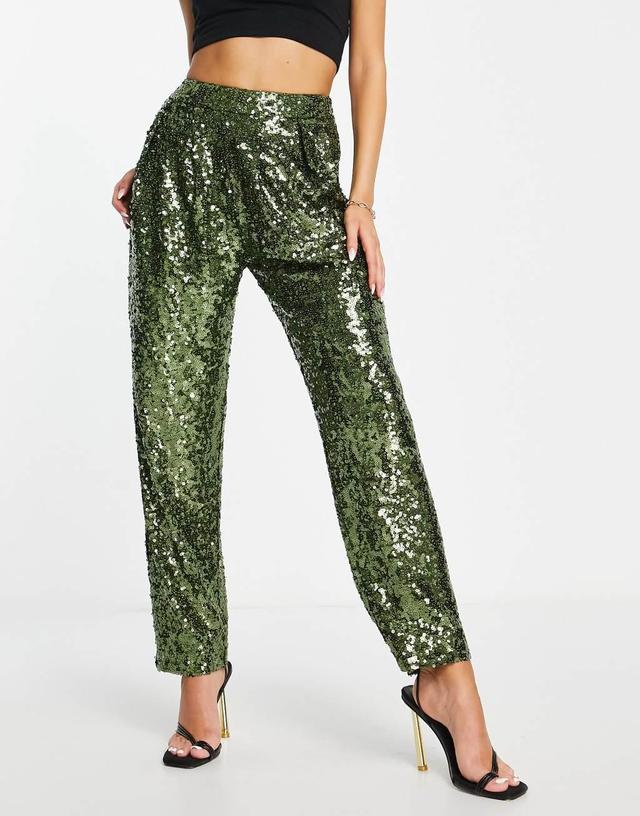 ASOS DESIGN sequin slouchy pants in khaki Product Image