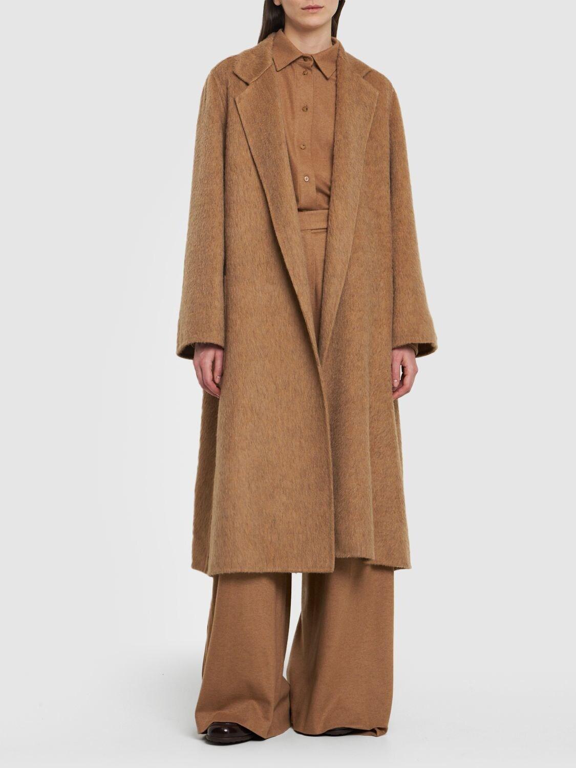 Lvr Exclusive Mohair & Camel Drap Coat In Brown Product Image