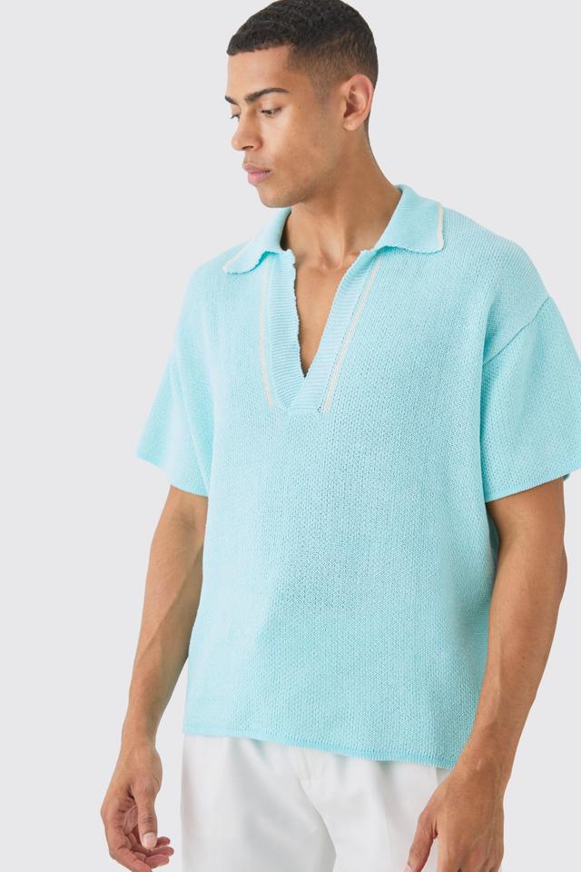 Regular Fit V Neck Knitted Polo With Tipping | boohooMAN USA Product Image