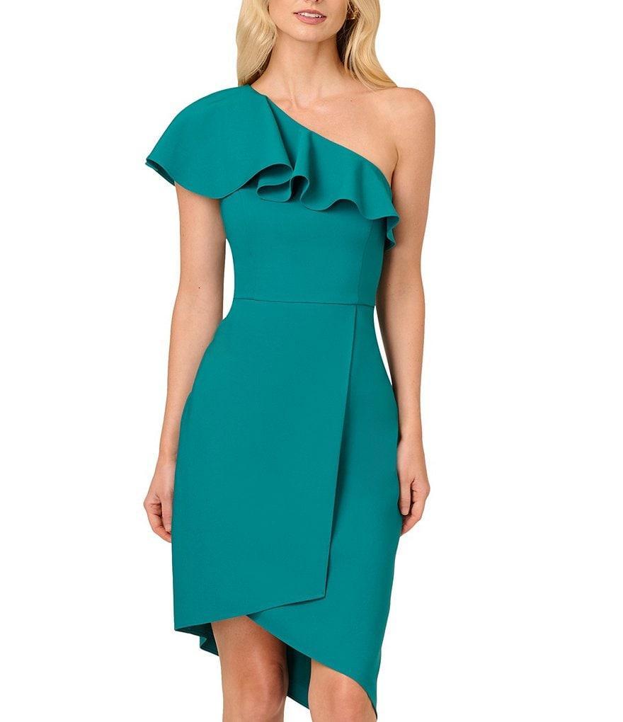 Adrianna by Adrianna Papell Stretch Crepe One Shoulder Ruffle Neck Asymmetrical Hem Wrap Waist Dress Product Image