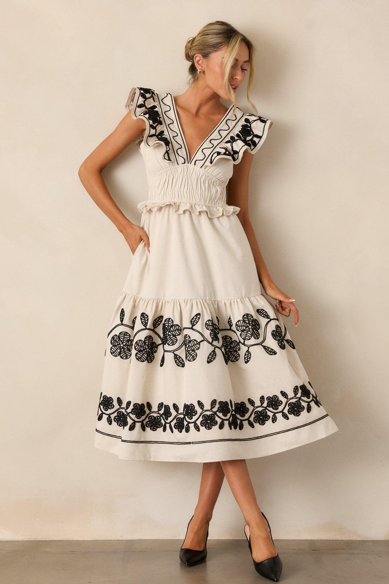 Whispering Pines Beige Flutter Sleeve Midi Dress Product Image