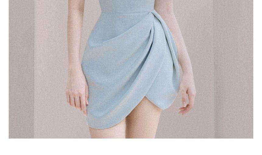 Puff-Sleeve Square Neck Plain Asymmetrical Mini Sheath Dress Product Image