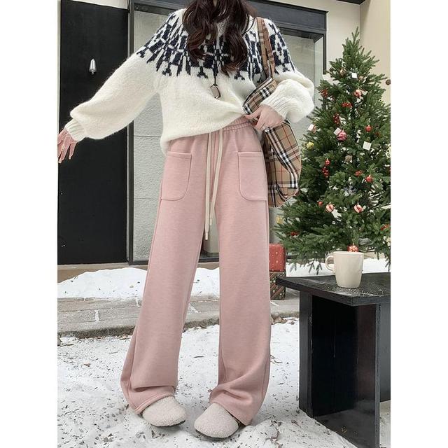 Drawstring Waist Plain Wide Leg Sweatpants Product Image