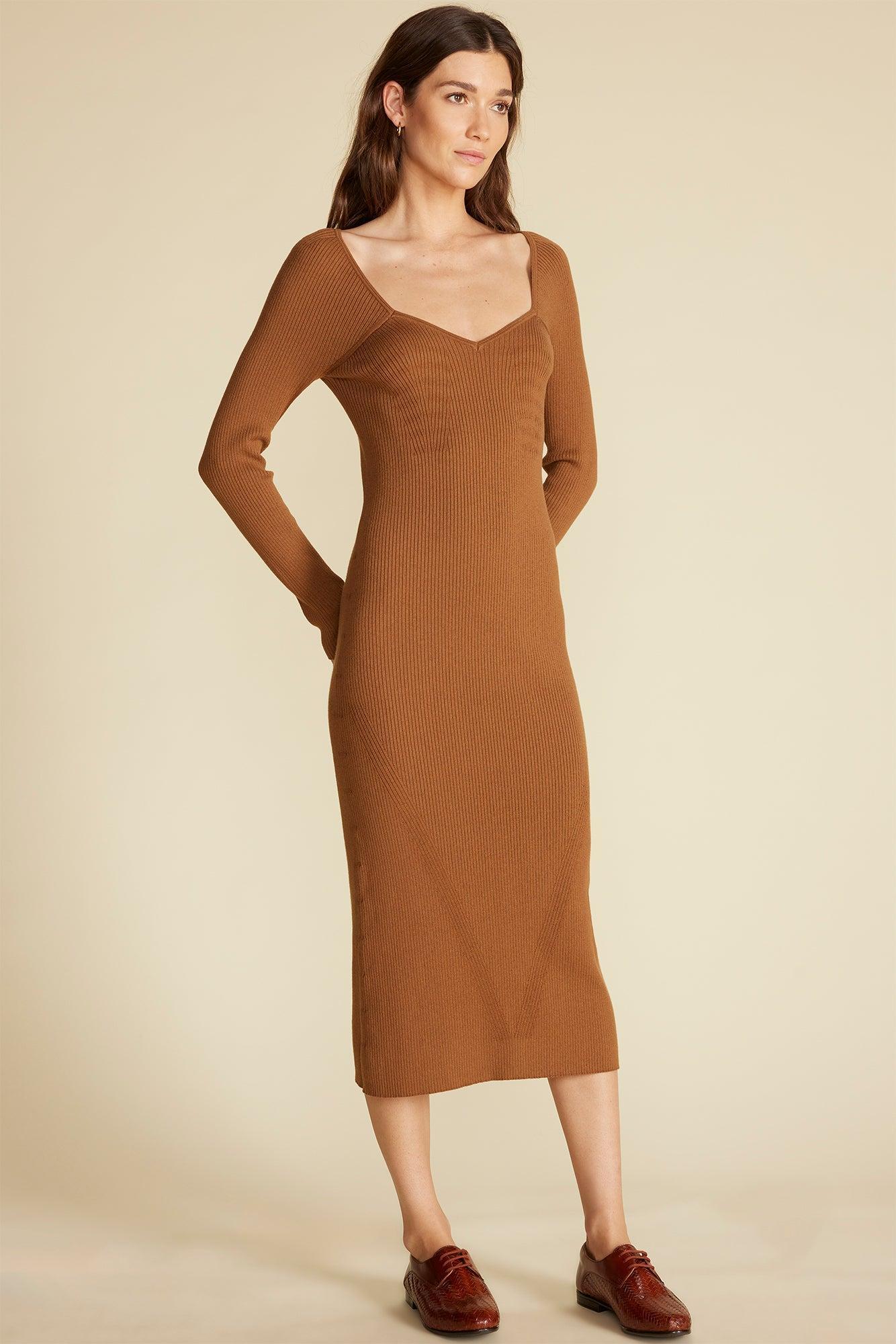 Maelle Square Neck Sweater Dress - Almond Brown Product Image