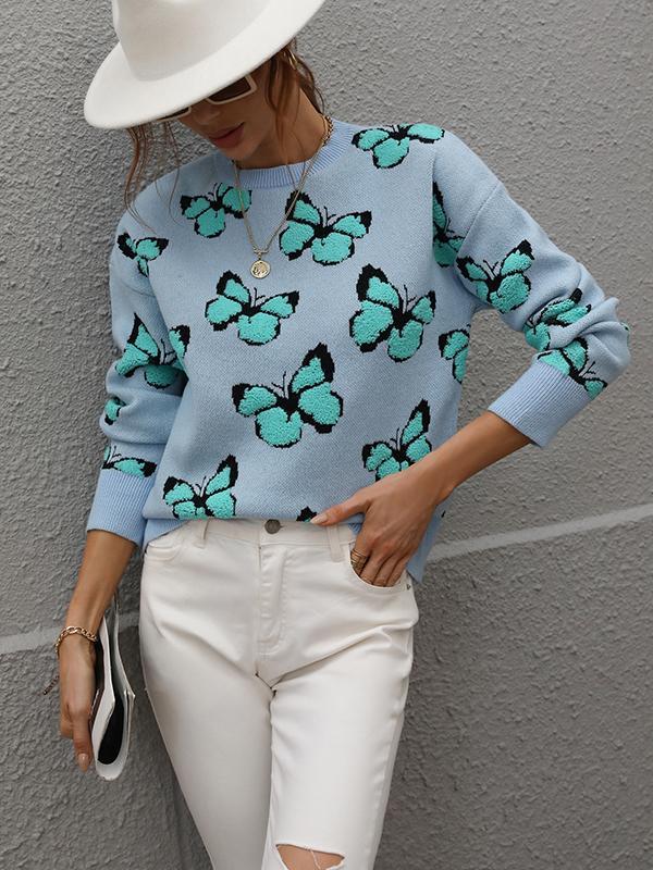 Original Long Sleeves Loose Butterfly Print Contrast Color Round-Neck Sweater Tops Product Image