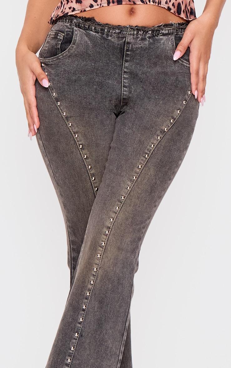 Petite Washed Black Stud Detail Denim Flared Jeans Product Image